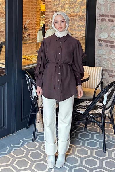 Geniş Yakalı Biyeli Gömlek Acı Kahverengi