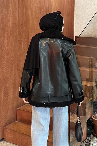 İçi Kuzu Kürklü Deri Mont Siyah