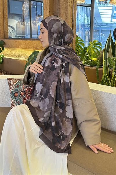 Batik Çiçek Desen Bambu Şal Acı Kahverengi