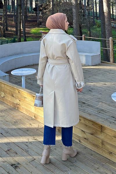 Kruvaze Yaka Deri Trenç Taş