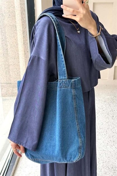 Kadın Anton Çift Cepli Cırtlı Çanta Kot Mavisi