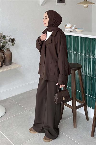 Kruvaze Kısa Tesettür Trençkot Acı Kahverengi
