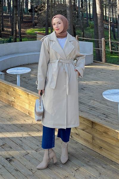 Kruvaze Yaka Deri Trenç Taş