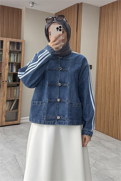 Şerit Detaylı Birit Düğmeli Denim Ceket Kot Mavisi
