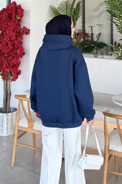 Üç İplik Kanguru Cep Sweatshirt İndigo