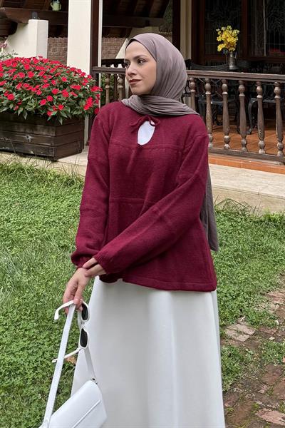 Yakası Bağcıklı Triko Kazak Bordo