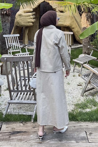 Cep Detaylı İkili Etek Tesettür Takım Bej