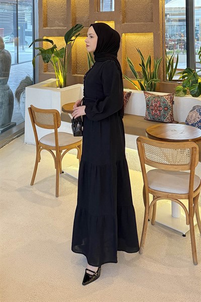 Bel Büzgülü Tesettür Elbise Siyah
