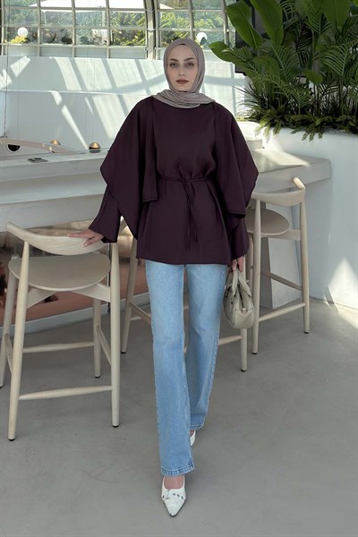 Pelerin Detaylı Oversize Tunik Mürdüm