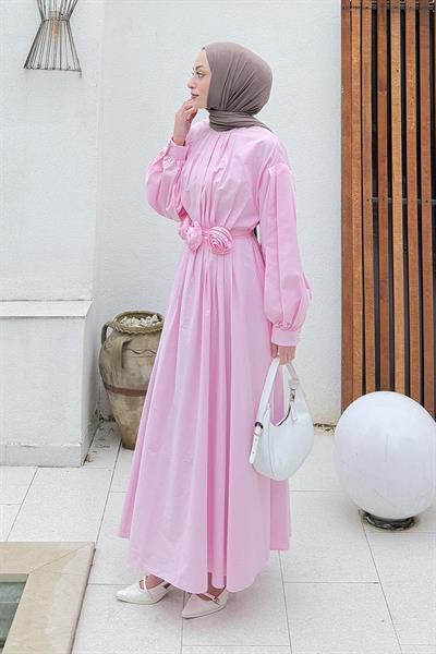 Pileli Poplin Elbise Şeker Pembesi