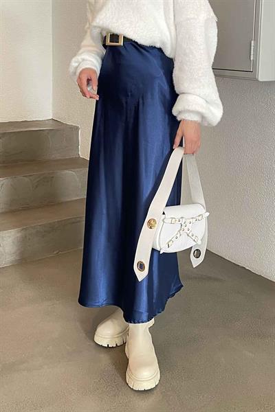 Düz Saten Çan Etek Saks Mavisi