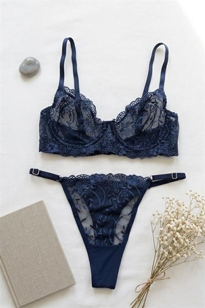 Bordo Dantelli Bralet Sütyen Takım Lacivert