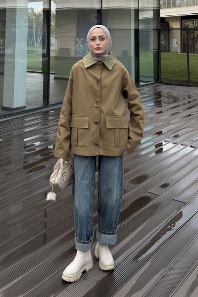 Yaka Detaylı Düğmeli Gabardin Ceket Haki