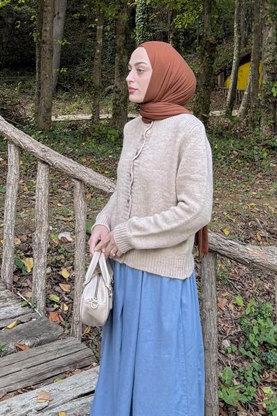 Bisiklet Yaka Kısa Hırka Bej