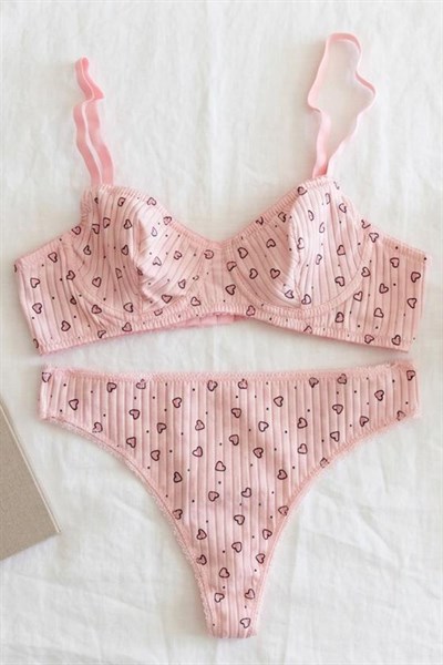 Pamuklu Balenli Pembe Kalpli Sütyen Takım Pembe