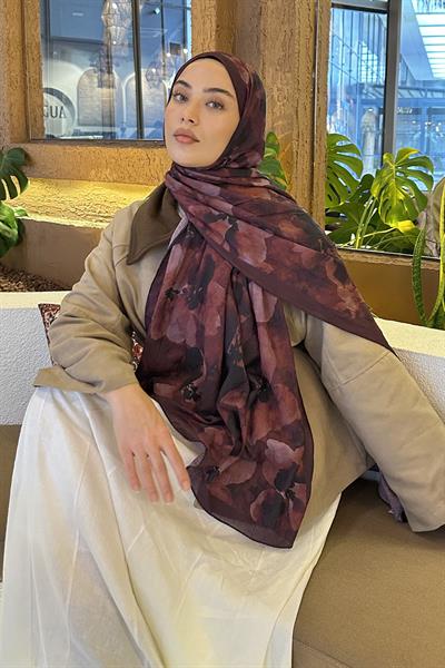 Batik Çiçek Desen Bambu Şal Koyu Bordo