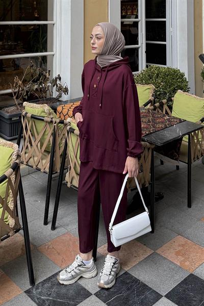 Kapüşonlu İkili Takım Bordo