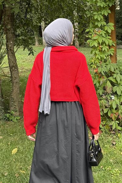 Yaka Fermuarlı Crop Triko Kazak Nar Çiçeği