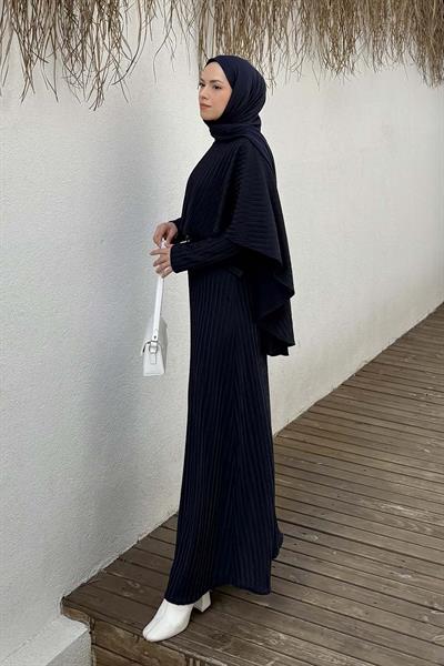 Balıksırtı Kemerli Elbise Lacivert