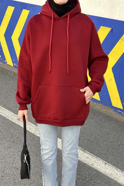 Üç İplik Kanguru Cep Sweatshirt Bordo