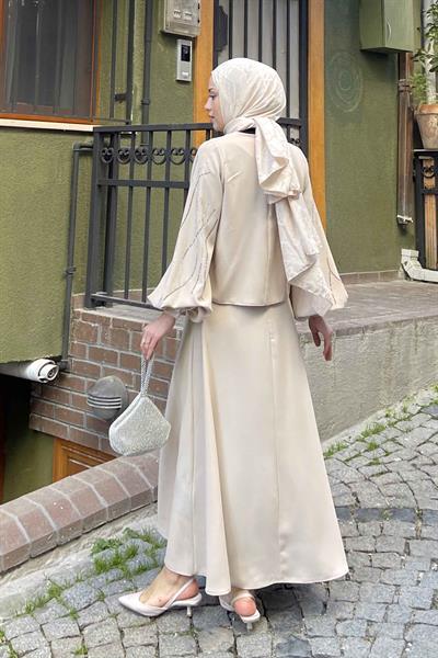 Premium Taş Detaylı Etekli Tesettür Takım Bej