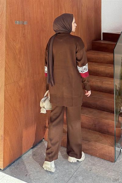 Desenli Triko Takım Acı Kahverengi