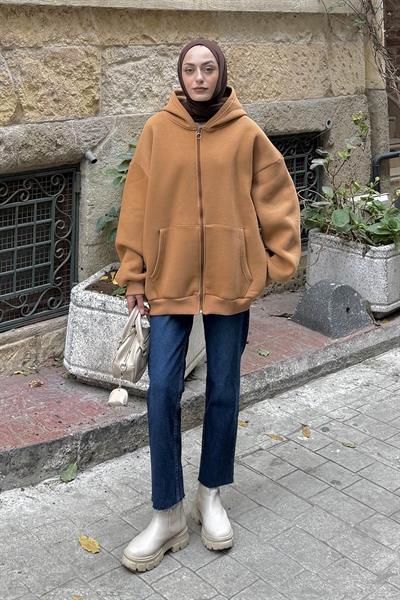 Kapüşonlu Oversize Yan Cepli Sweat Camel