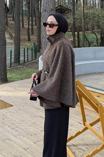 Düğmeli Kemerli Panço Acı Kahverengi