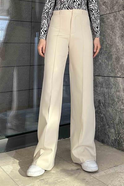 Çımalı Bol Paça Pantolon Krem