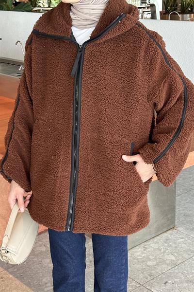 Biye Detaylı Tedy Peluş Mont Acı Kahverengi
