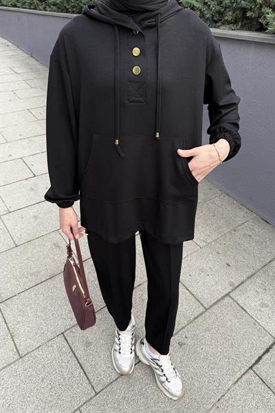 Kapüşonlu İkili Takım Siyah