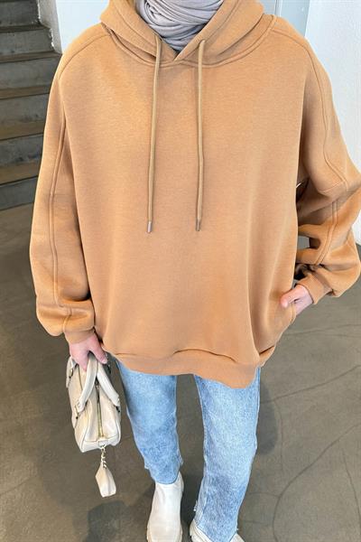 Kapüşonlu Oversize Yan Cepli Sweat Camel