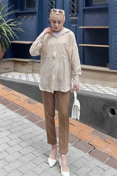 Çift Cep Detaylı Çizgili Keten Gömlek Bej