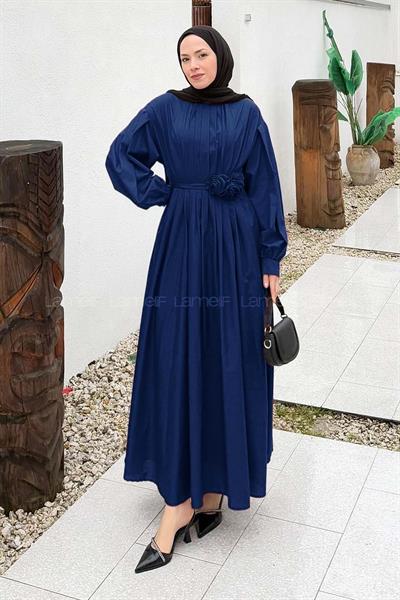 Pileli Poplin Elbise Lacivert