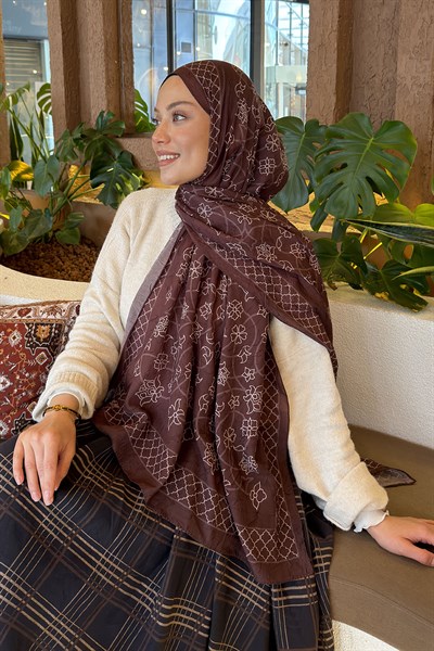 Geometrik Desen Bambu Şal Kahverengi