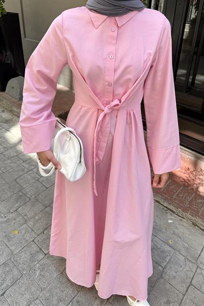 Ön Bağlama Detaylı Tesettür Elbise Pembe