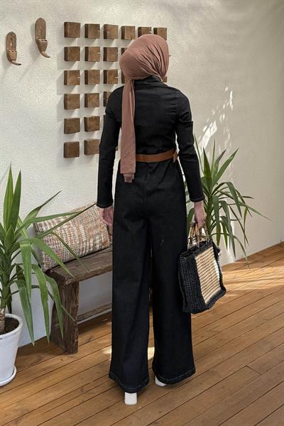 Düğme Kapama Kemerli Tulum Siyah