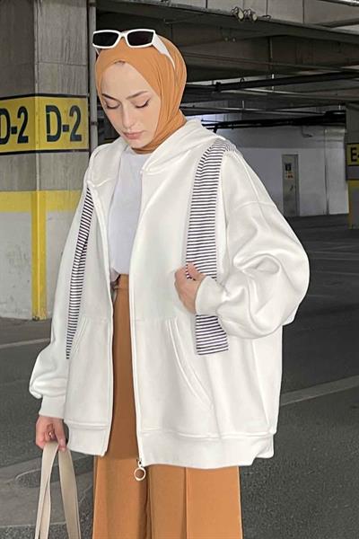 Kapüşonlu Oversize Yan Cepli Sweat Beyaz