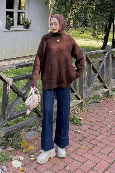 İnce Örgülü Kazak Acı Kahverengi