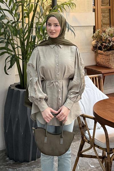 Geniş Yakalı Biyeli Gömlek Haki