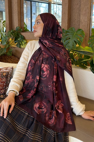 Çiçek Desen Bambu Şal Koyu Bordo