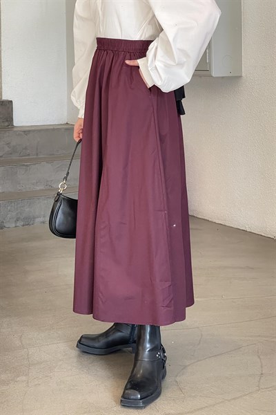 Cep Detaylı Kloş Keten Etek Mürdüm