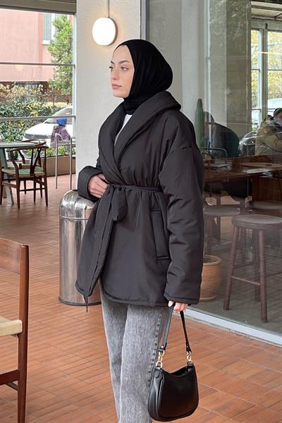 Düz Kuşaklı Şişme Mont Siyah