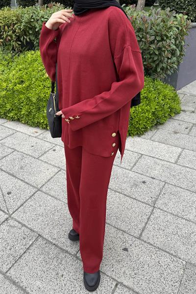 Düğme Detaylı Triko Takım Bordo
