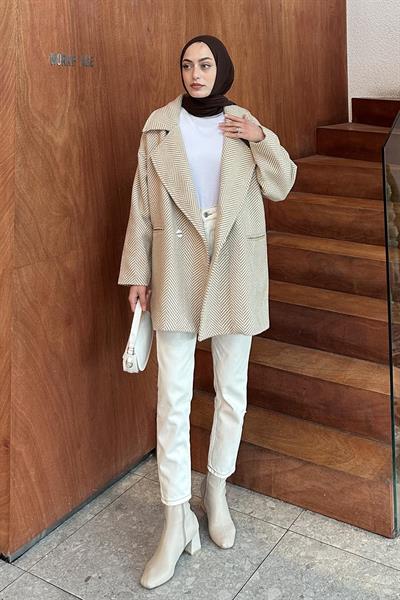 Zikzak Desen Balık Sırtı Kaban Camel