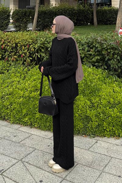 Örgülü Şardonlu Takım Siyah