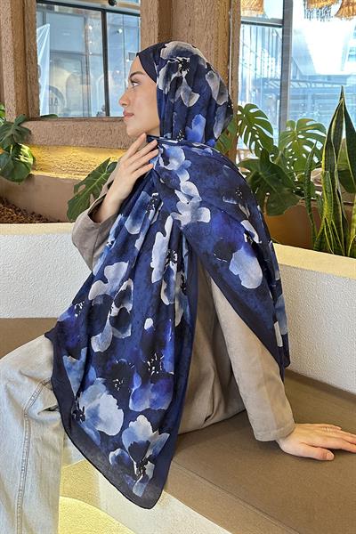 Batik Çiçek Desen Bambu Şal Lacivert