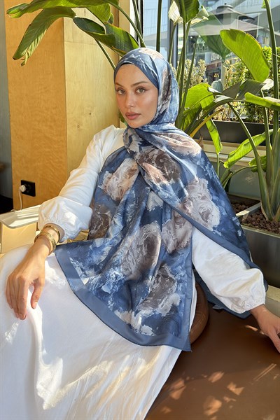 Gül Çiçek Desen Lara Soft Şal Kot Mavisi