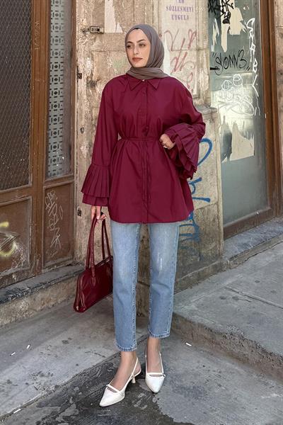 Piliseli Uzun Gömlek Bordo