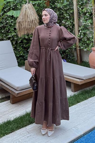 Bel Büzgülü Tesettür Elbise Acı Kahverengi